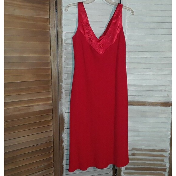 Evan Picone-Shift Dress-Red-Satin V Neck with Sequins-Satin Back Draping - Picture 1 of 7
